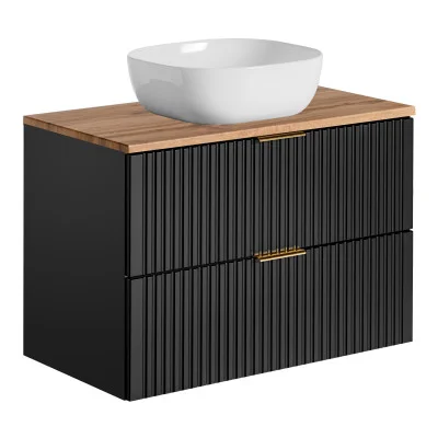 The cabinet with a sink is black, the tabletop is oak Votan, 80 cm